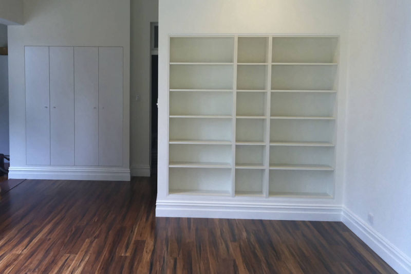Family room extension with bookcases