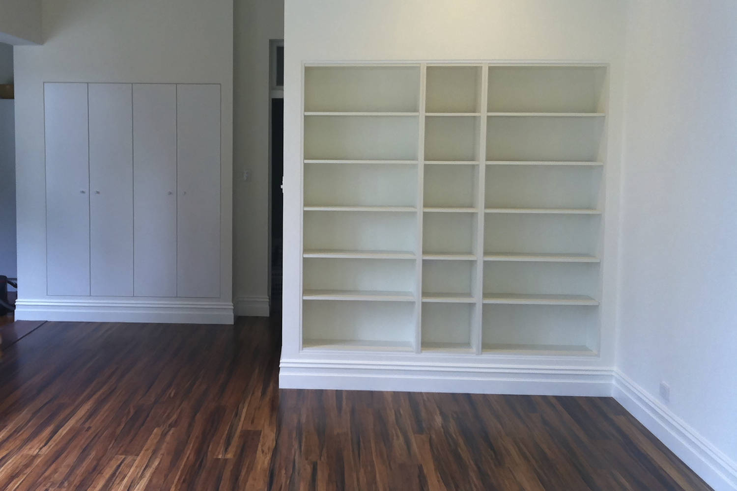 Family room extension with bookcases